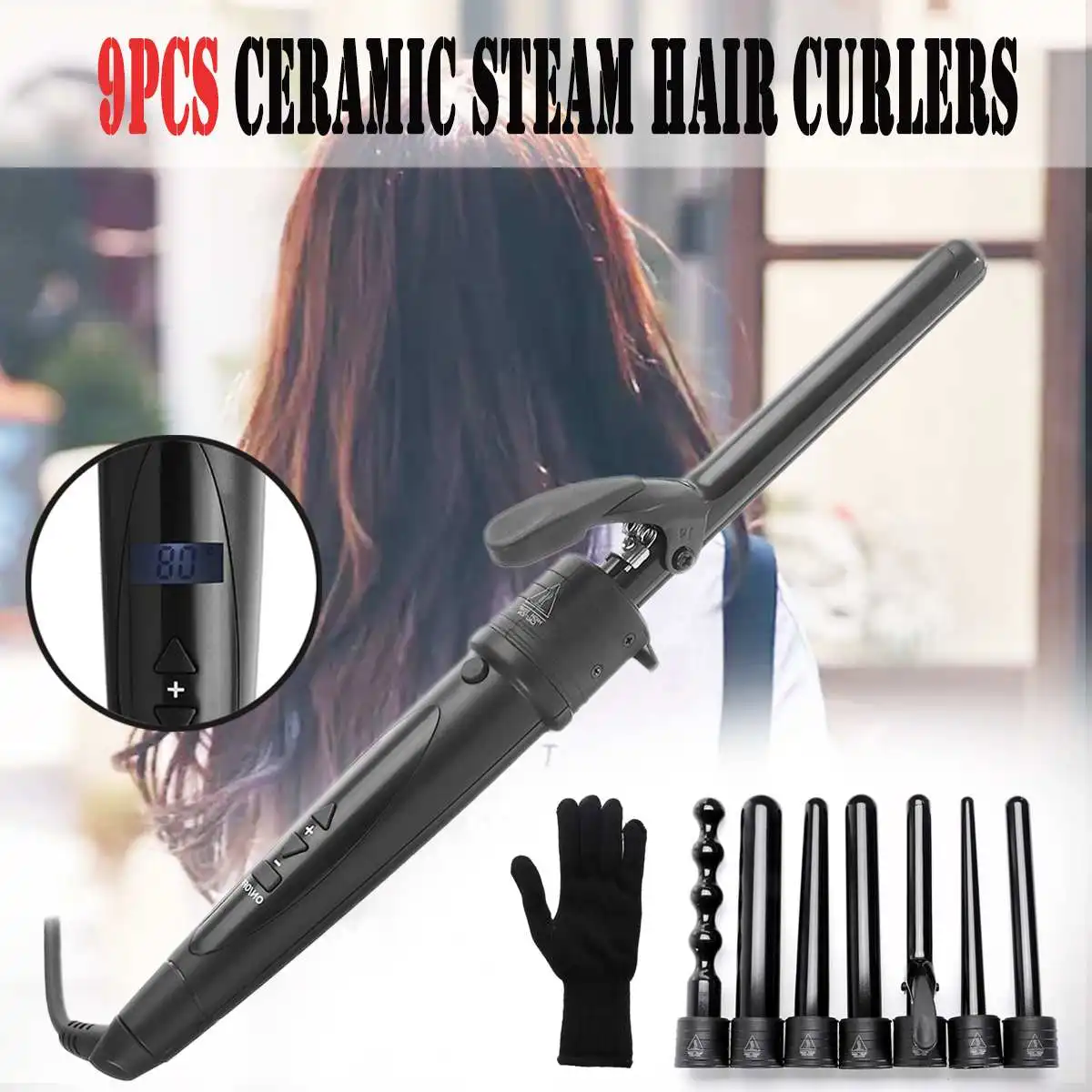 

LCD Hair Curling Iron Machine Ceramic Steam Hair Curler Roller Heat Resistant Glove Styling Set electric hair curly hair