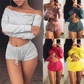 

2PCS Women Summer Ladies Casual Lace Up Solid Colors Suits Crop Top+ Shorts Outfit Workout Clothes Tracksuit Two Pieces