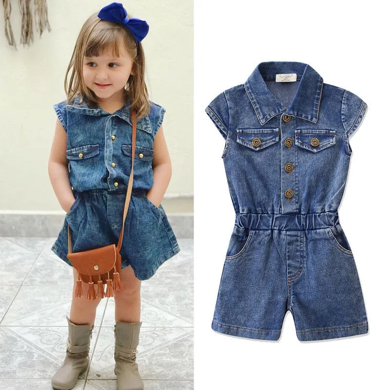 

2-7Y Kids Baby Girl Denim Romper Summer Clothes Fashion Short Sleeve Elastic Waist Jumpsuit Girl Children Button Pockets Sunsuit