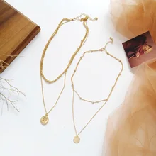Gold Alloy Round Pendant Necklace Simple Long Chain Coin Necklace Multilayer Carved Coin Choker Necklace stylish coin fringe metal choker necklace