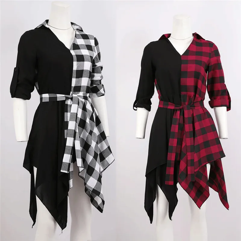 

Retro Streetwear Women Plaid Patchwork Dress Casual Punk Style Long Sleeve Irregular Lace Up Bodycon Dresses Ladies Vestidos