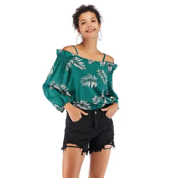

2019 Summer New Women Long Sleeve Sexy Strapless Leaves Printed Casual Chiffon Tops Shirts Floral Loose Blouses