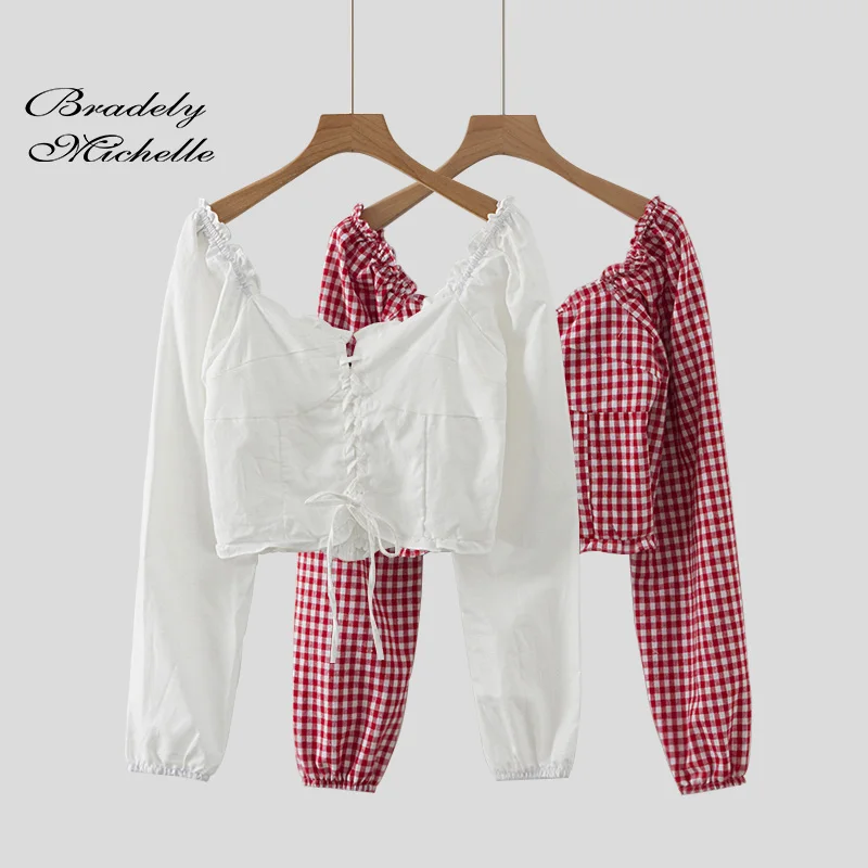 

BRADELY MICHELLE 2019 Women Streetwear Crop tops Elegant Fashion off shoulder Ruffles Plaid long sleeve t-shirts