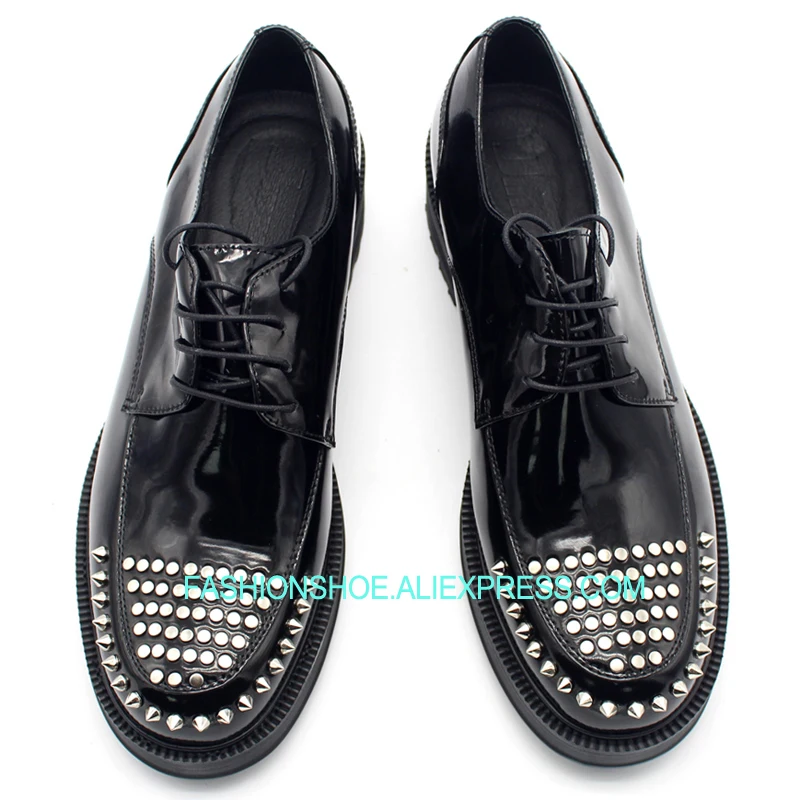 

Hot Men Rivets Platform Shoes Genuine leather Handmade Black Oxfords