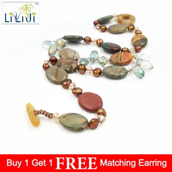 

Lii Ji Natural Color Jasper , Freshwater Pearl and Glass with Jade Toggle Clasp Fashion Women Necklace about 52cm