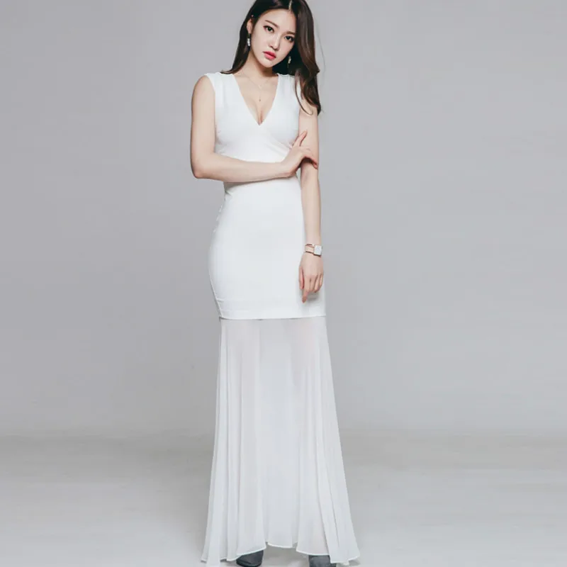 

2019 Summer New Fashion Women Party Dress V-neck Sleeveless Chiffon Splicing Maxi Dress High Quality Female Vestidos Robe Mujer