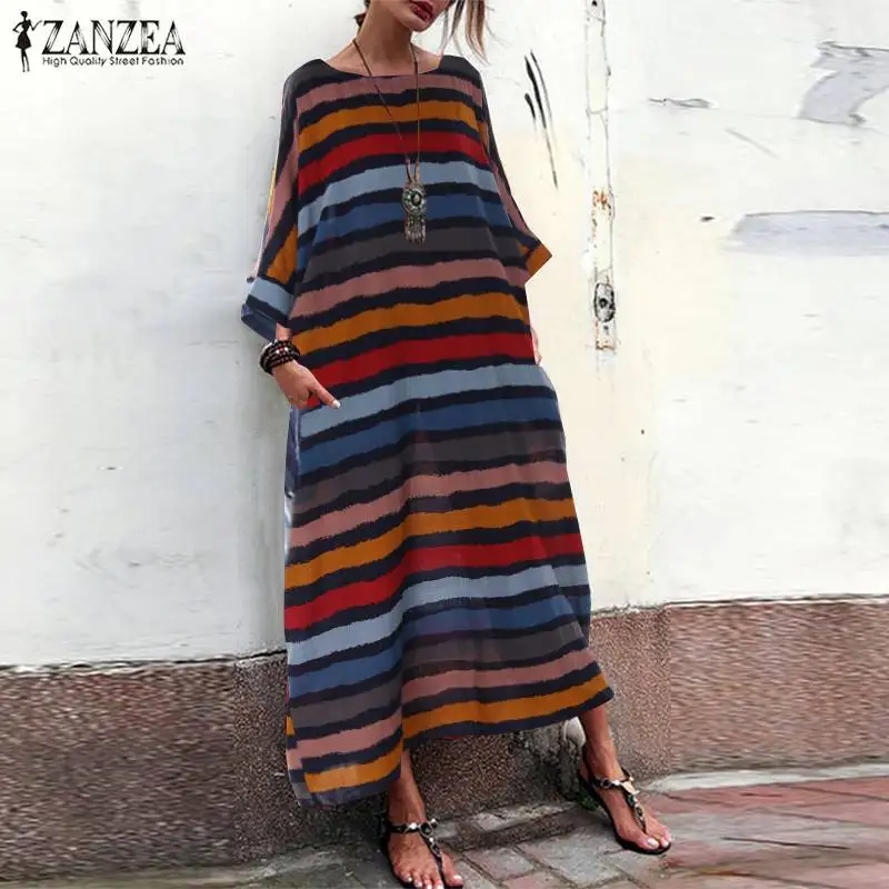 

Vintage Women's Sundress ZANZEA Bohemian Summer Stripe Maxi Dress Ladies Kaftan Beach Party Dresses Robe Long Vestido Plus Size