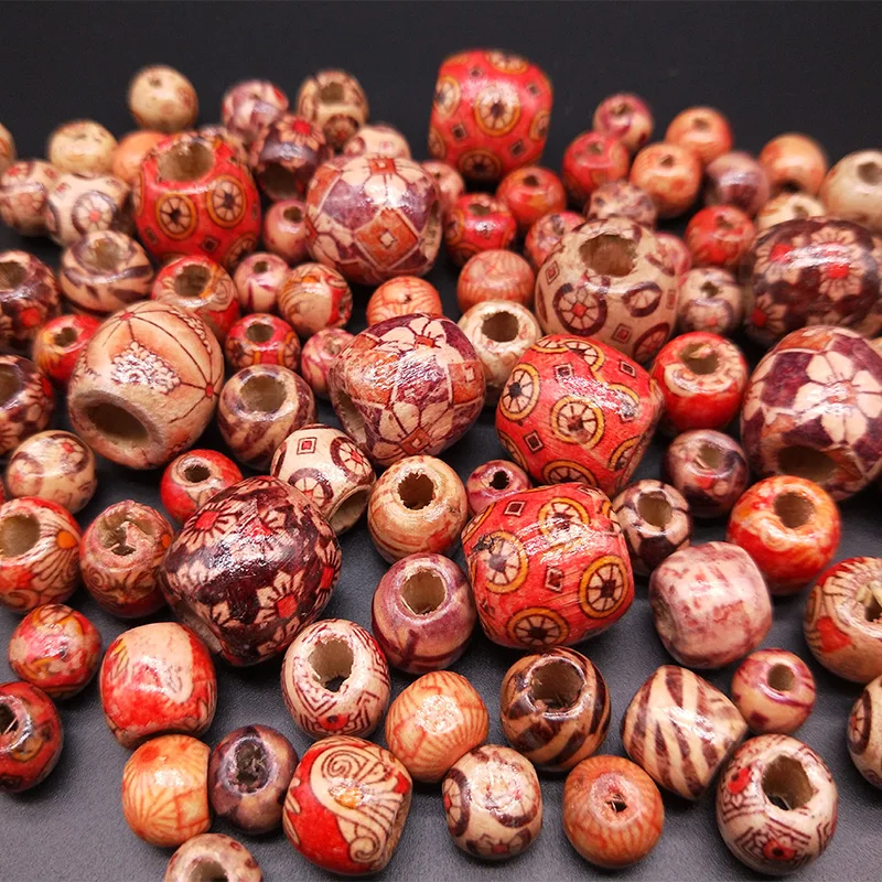 

15/30/50pcs Multiple Styles Painted Drum Wood Beads Big Hole Beads For Charm Bracelet Jewelry Making Accessories DIY Beading