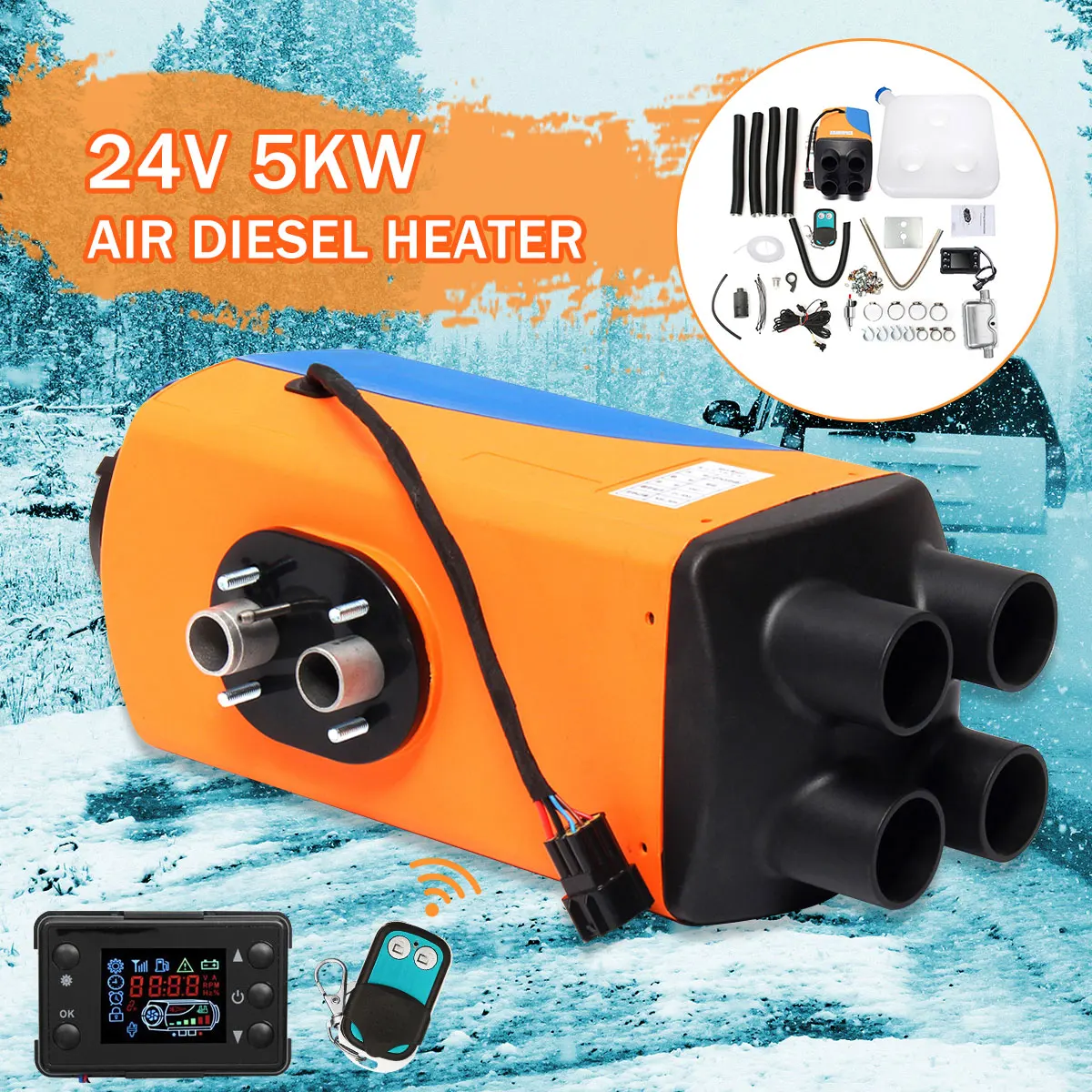 

Audew 5000W Car Parking Diesels Heater 5KW 4-Holes 24V Car Heater + Silencer + LCD Switch for Motorhome Truck Car Accessorie