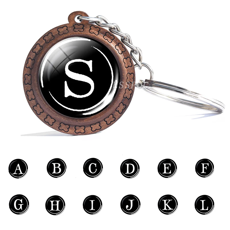 

26 Letters Key Chain Personalized Alphabet Letter Keychain Wooden Key Rings Team Name Glass Pendant Keychain Gift for Lovers