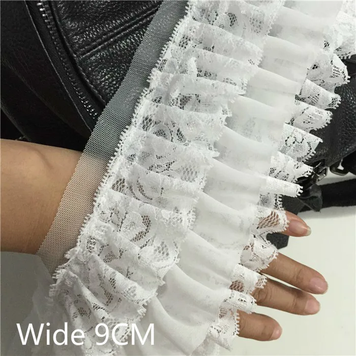 

9CM Wide Luxury Three Layers Pleated Chiffon Lace Applique Fabric Ribbon Trim For Women Wedding Garment Dress Sewing Supplies