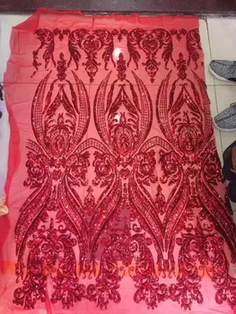 

Red Sequins Lace Fabric 2019 High Quality African Evening Dress Fabrics New Nigeria Sequined Embroidered Mesh Net Lace Fabric