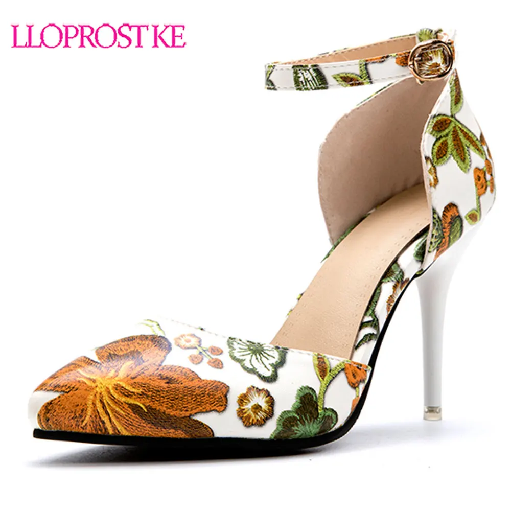 

Lloprost ke New arrival summer Shoes woman high heels Ladies Embroidery pumps Platform Slip On shoes PU leather party shoes H319