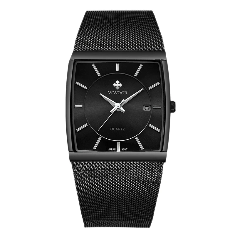

Wwoor Quartz Watch Men Square Waterproof Business Men'S Watches Luxury Black Steel Strap Sport Wrist Watch