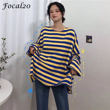 

Focal20 Streetwear Hit Color Striped Women T-shirt Causal Loose Long Sleeve Split T Shirts Spring Summer Oversize Female Tee Top