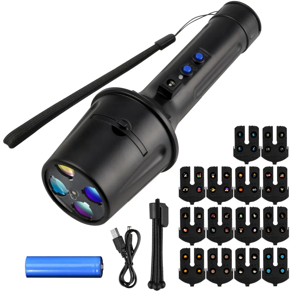 

14pcs/set Patterns Outdoor LED Laser Projector Christmas Led Rechargeable Flashlight Stage Light Disco Stage Projection CF516