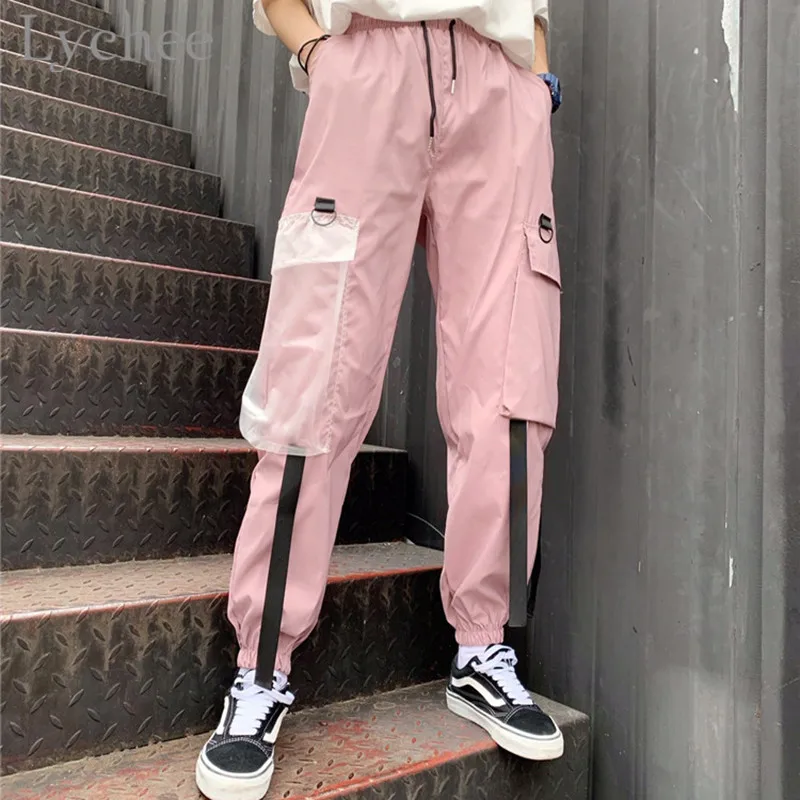 

Lychee Harajuku Transparent Pocket Ribbon Female Trousers Jogger Pants High Elastic Waist 2019 Summer Women Harem Pants