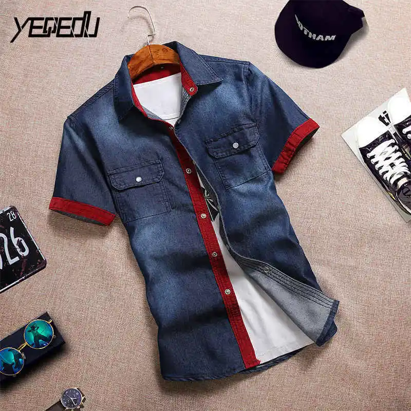 

#4707 Summer 2019 Short sleeve Denim shirts men Fashion Slim fit Jeans shirt for men Chemise homme Fashion Cotton Vintage M-3XL