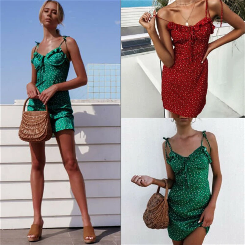 

Women Summer Boho Short Dress Cocktail Floral Strappy Beach Sundress