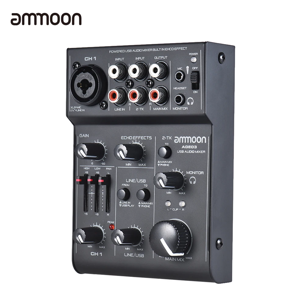 

High Quality ammoon AGE03 5-Channel Mini Mic-Line Mixing Console Mixer with USB Audio Interface Built-in Echo Effect USB Powered