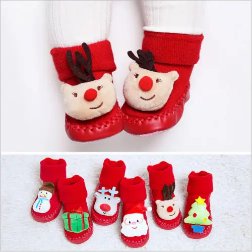 

Xmas Baby Kid Toddler Cute Anti-slip Christmas Shoe Floor Slipper Socks First Walkers Winter Baby 0-18M