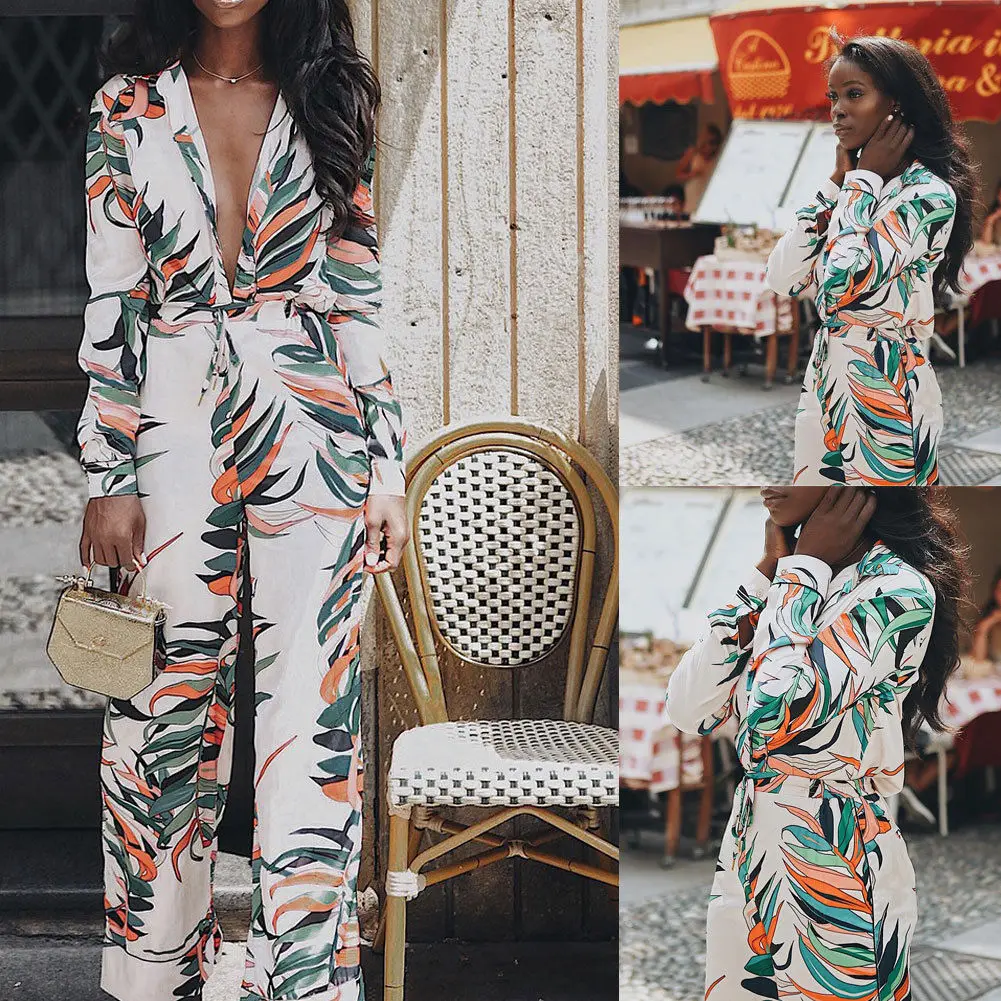 

Women Jumpsuits Print Deep V neck Sexy Strap Slim Long Sleeve Bodycon Jumpsuit Romper Trousers Clubwear Clothes