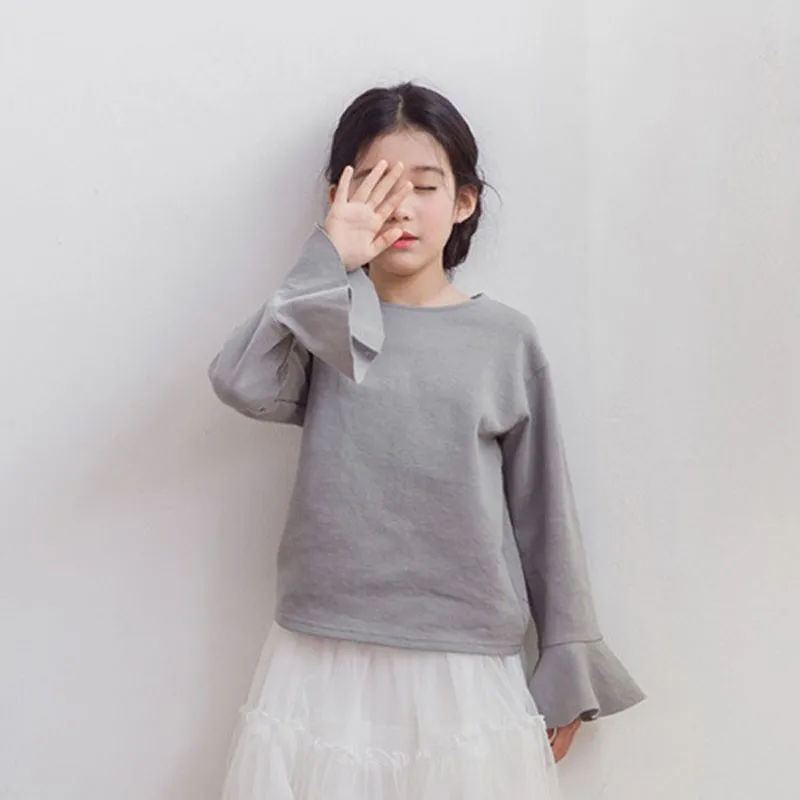 

Gray O-neck Petal Sleeve T Shirt For Girls Tees Tops Teenage Clothes Kids Casual 2019 Spring T-shirts Children School Clothing