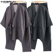 Кимоно Для мужчин пижамы полосатый халат костюм 5XL 2 шт./компл. салон мужской пижамы свободные хлопковые халат Hombre японский комплект домашней одежды