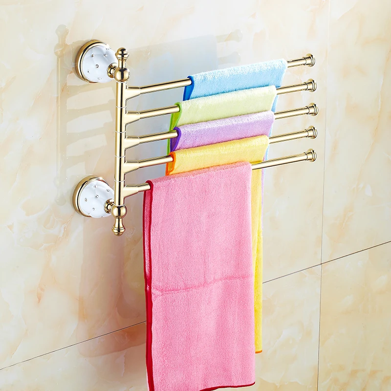 Towel Racks 4 Movable Brass Golden Rotate Towel Holder Hangers Wall Mount Towel Bar Bathroom