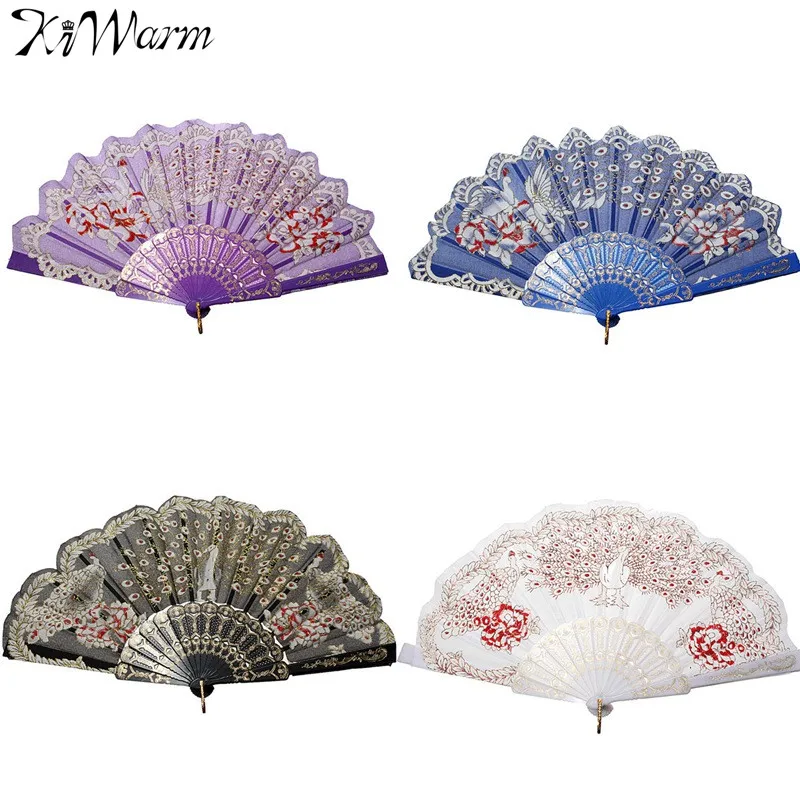 KiWarm Peacock Design Ladies Hand Held Folding Fan Fabric Party Wedding Prom Dance Hand Fan