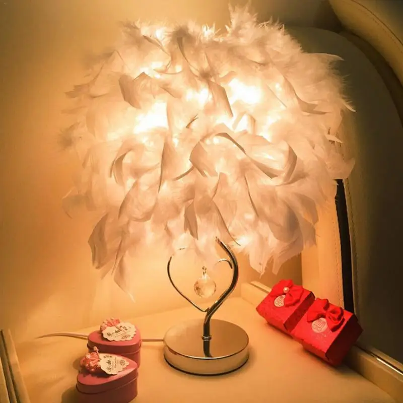 

Bedside Reading Room Sitting Room Heart Shape Feather Crystal Table Lamp Light With US/EU/UK-Plug Art Home Deco
