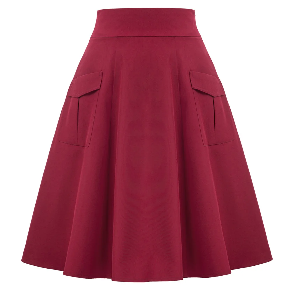 

2018 New Arrival Summer Women High Waisted A-Line Skirt Flared Pleated Midi Knee-Length Skirt With Pocket