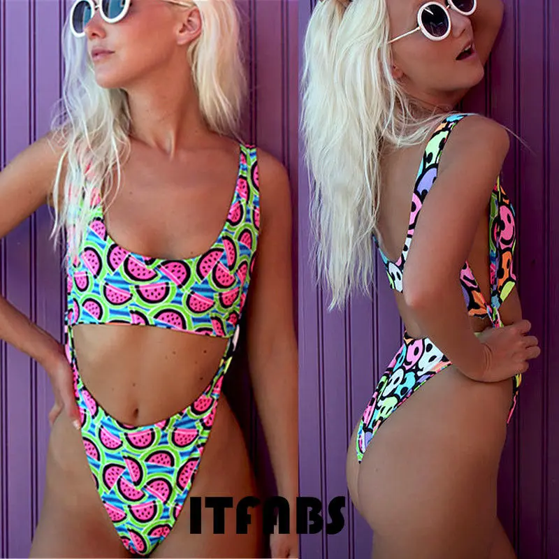 

Sexy Women Smile Face One-Piece Swimsuit Beachwear Swimwear Padded Push-up Floral Backless Bikini Summer Bathing Suit Monokini