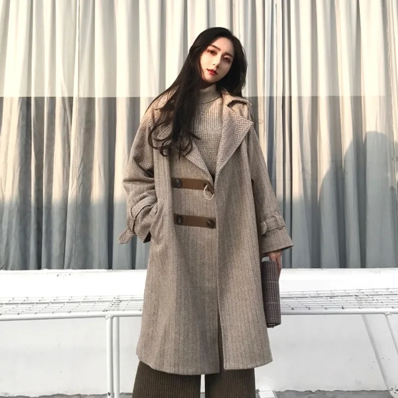 Automne Mode ewq Patchwork De Laine Ac733 Breasted Revers Thicken Longues Casual Hiver Manteau Manches Poches Lâche normal Femmes 2018 Long Double tSqrqw5