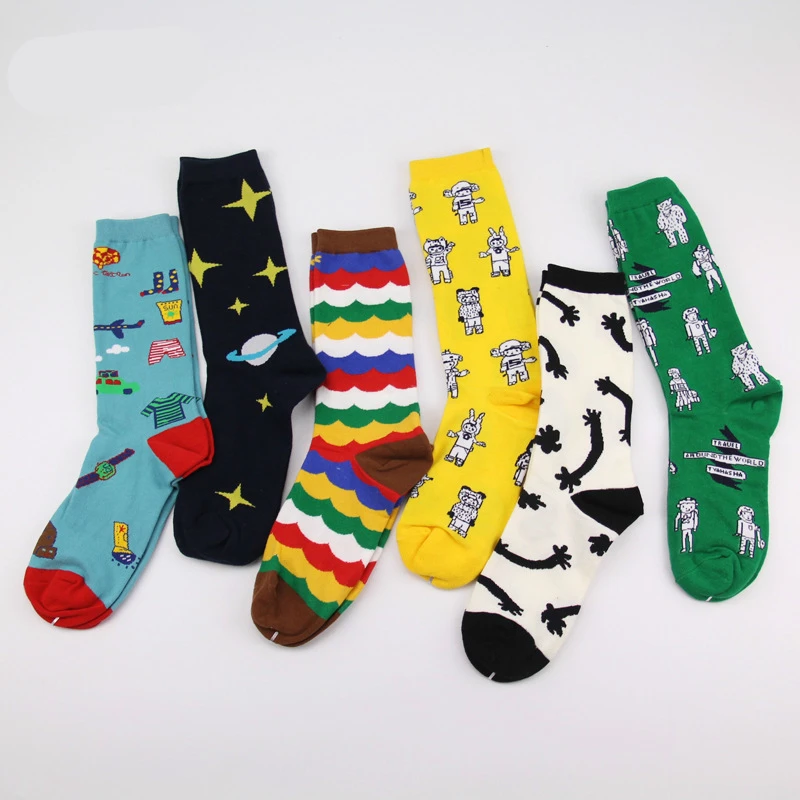 

Rainbow Stripes Geometric Space Robot Salad Clouds Cartoon Food Funny Happy Sock Female Women Harajuku Kawaii Streetwear Hosiery