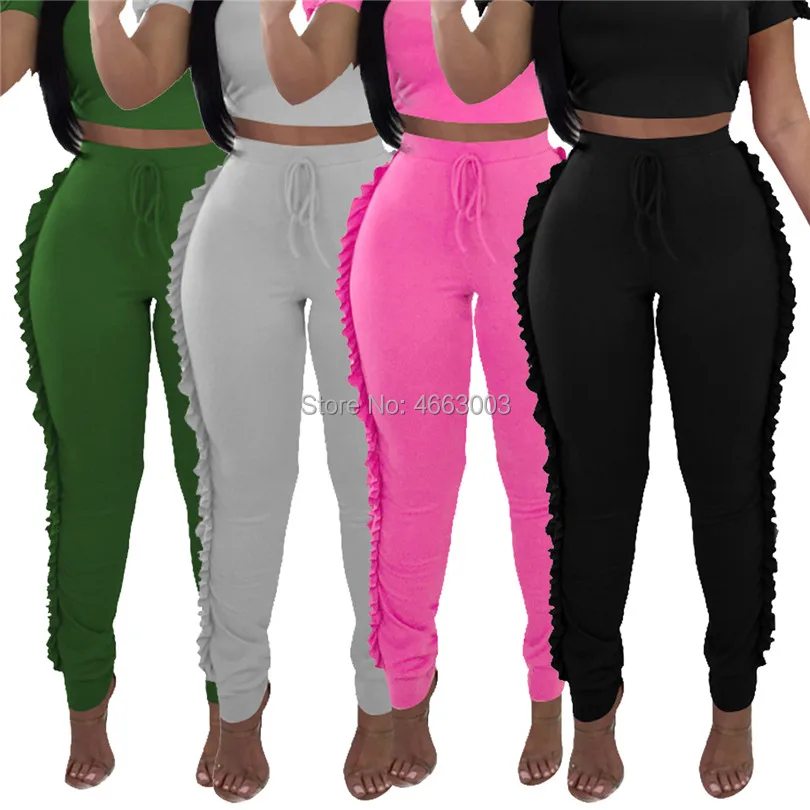 

Women Pencil Pants Fashion Ruffles Solid Color Casual Skinny Long Pants Ladies Drawstring High Waist Slim Trousers Cheap