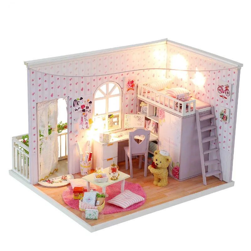

Interest And DIY Hut Happy Real Time Manual Assembling Model Toys Send Men And Women Pink Wood dolls miniature house