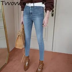 Винтаж Fit Высокая талия джинсы Для женщин эластичные Femme вареная синяя джинсовая ткань обтягивающие джинсы классические брюки карандаш 2019