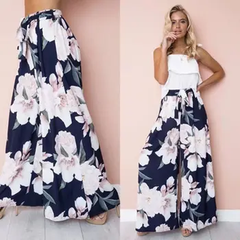 

Causal Full Length Women' Floral Print Stretch Pants Wide Leg Long Bohemian Loose Palazzo Trousers