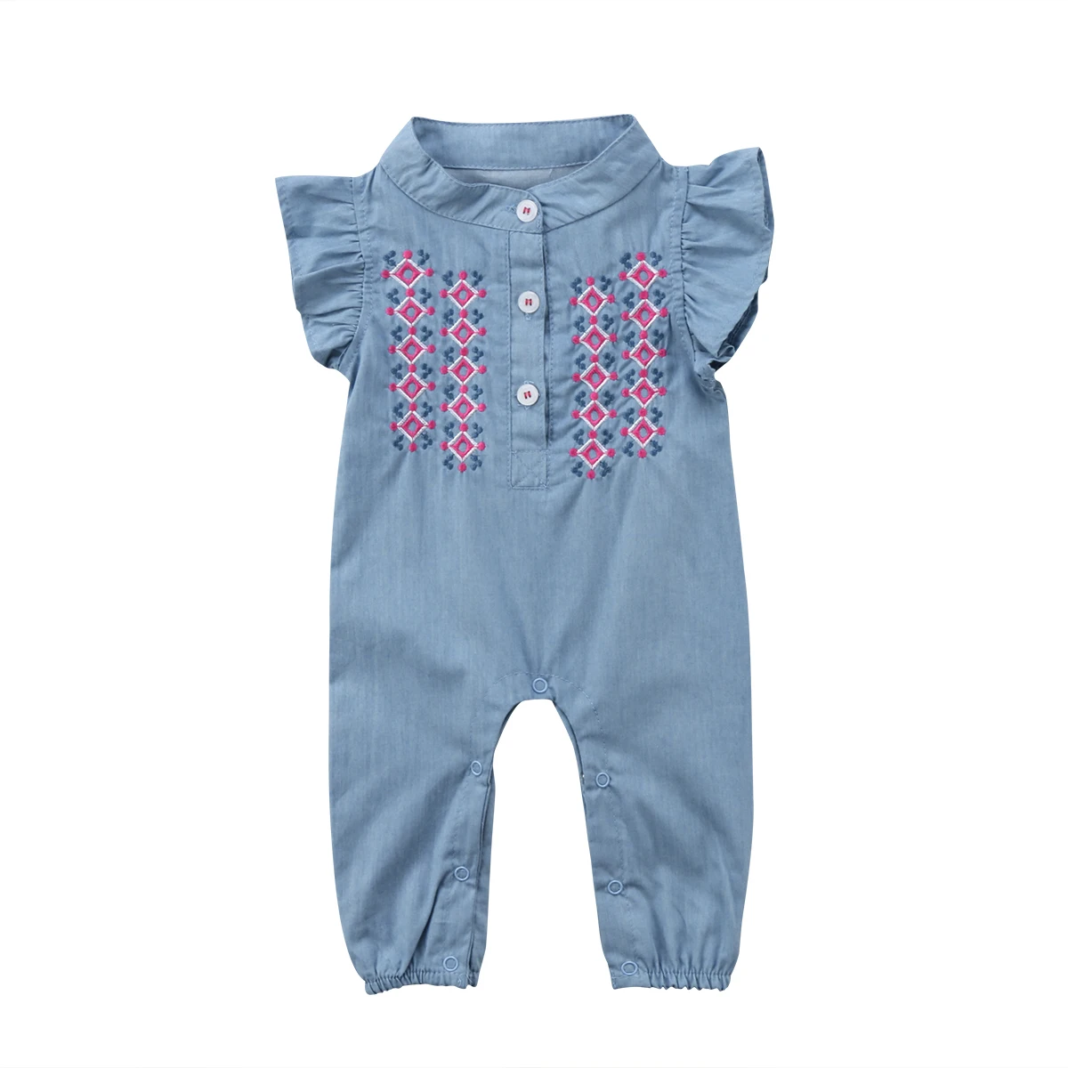 

Ruffled Short Sleeve Buttons Decor Romper For Baby Girls Summer Clothes
