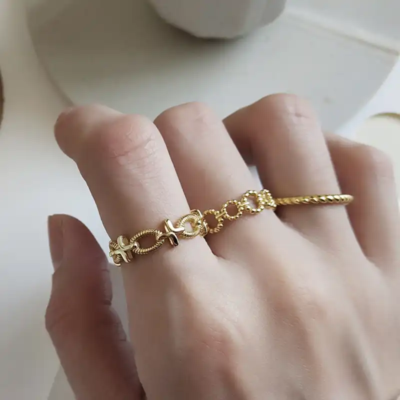 925 стерлингового серебра новые золотые Модные Твердые серебряные серии полые крест цепи круглые круги пеньковая веревка Открытие Кольца дл...