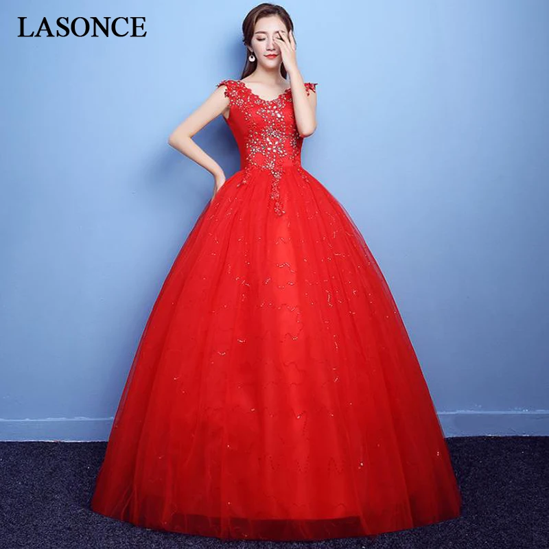 

LASONCE Elegant Lace Appliques Ball Gown Wedding Dresses Crystal V Neck Sequined Tank Backless Tulle Bridal Gowns