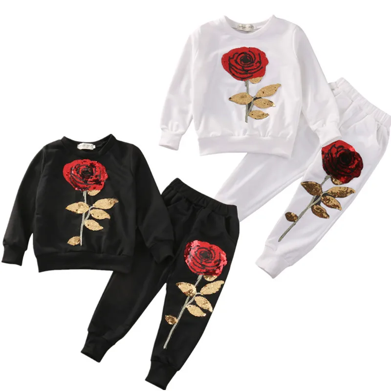 

2018 New Toddler Infant Kids 2PCS Girls Sequins Rose Outfits Clothes T Shirt+Long Pants Set Tracksuit Casual Set 2-7Y