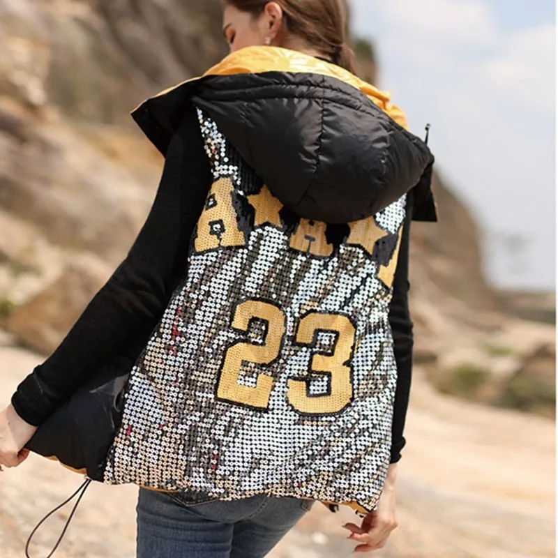 Nouveau D'hiver Hj70 2019 La Femelle Capuche Manteau Personnalité Le Gilet Mode Noir Jaune Veste Doublure De Mince À Bas Sequin Poche Vers Black Femmes Fw7HxAq
