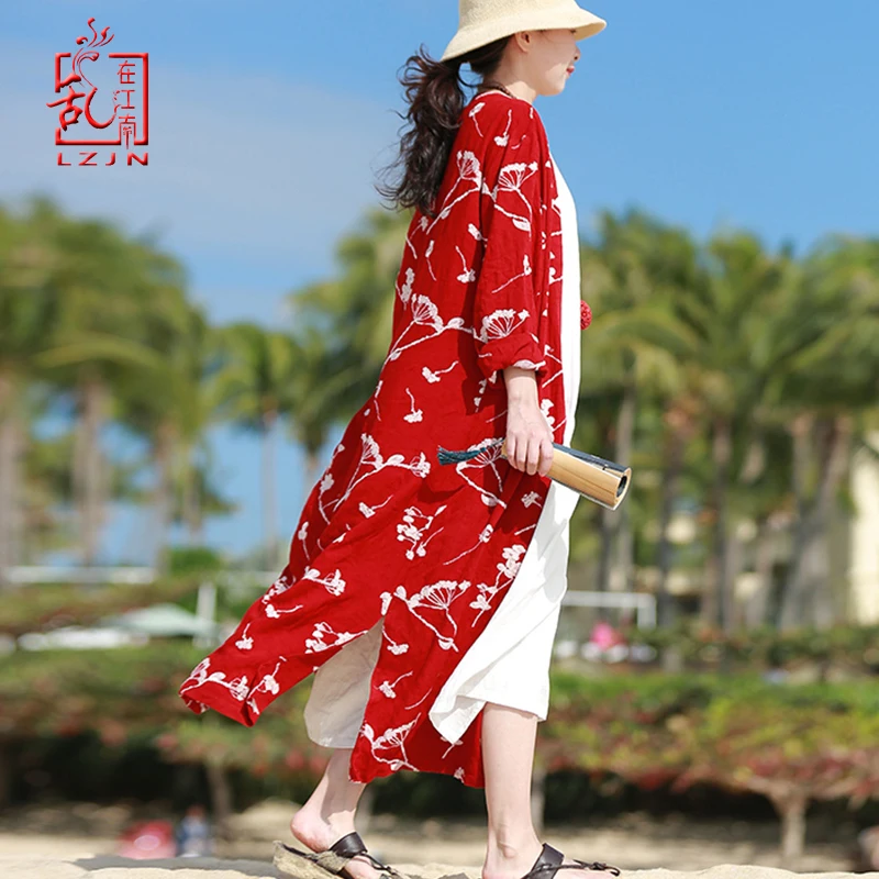 

LZJN Women Spring Autumn Kimono 2019 Retro Cotton Linen Long Trench Coat Female Outwear Flowers Embroidery Cardigans Overcoat