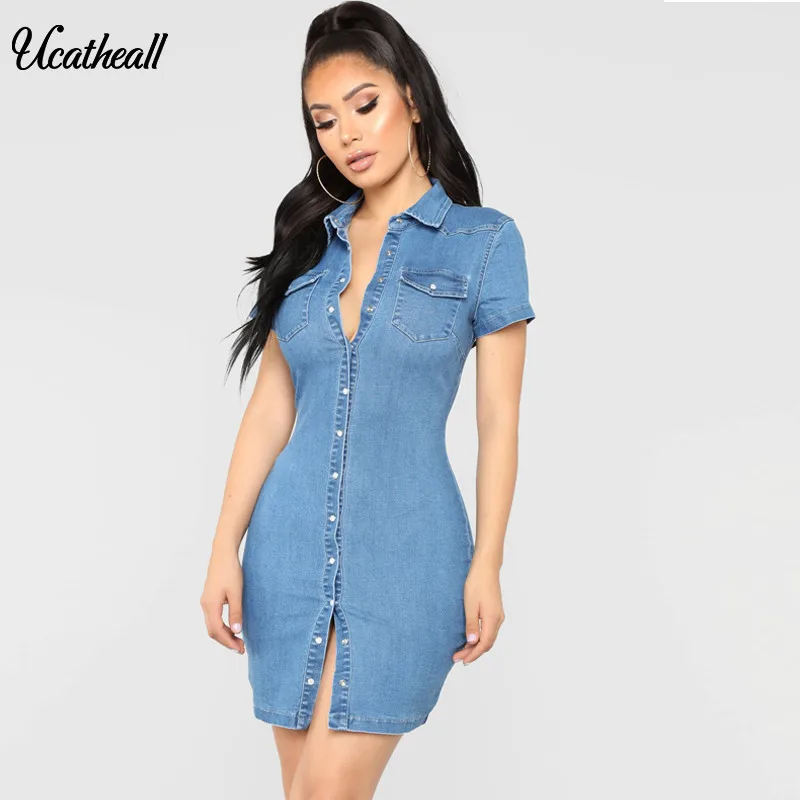 

Fashion Autumn Jean Women Dress Lady Short Sleeve Denim Shirt Dress Casual Turn-down Collar Women Dresses Sexy Party Clothes