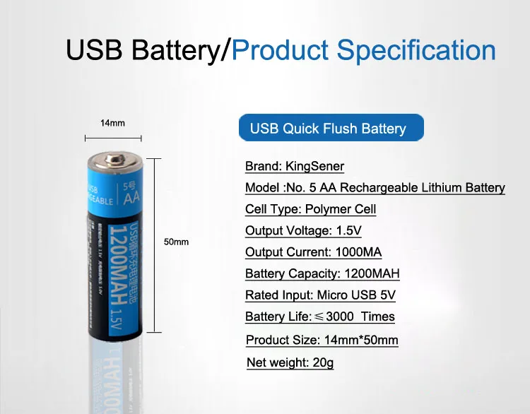 Kingsener USB Перезаряжаемые Батарея 1,5 V AA 1000 мАч литий-полимерный аккумулятор Батарея быстрой зарядки с разъемом Micro-USB кабель 2 шт./4 шт./компл