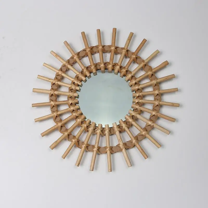 Espejo de pared colgante de baño de tocador Interior suave espejo de maquillaje redondo decoración de arte con flecos de Macrame innovador de ratán
