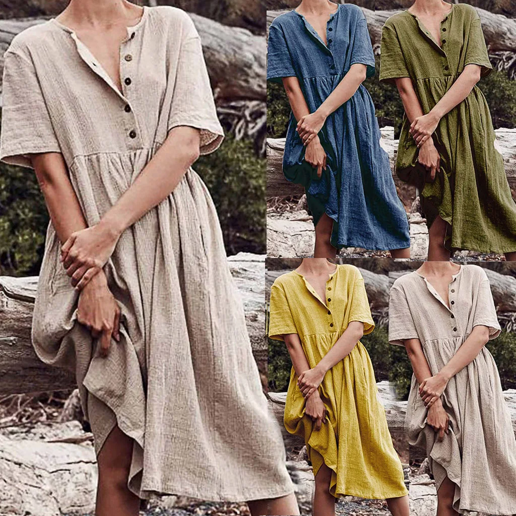 

Womens Linen Cotton Short Sleeve Pocket Dress Button Plus Size Solid Dresses Female 2019 Summer Vintage Straight Clothes