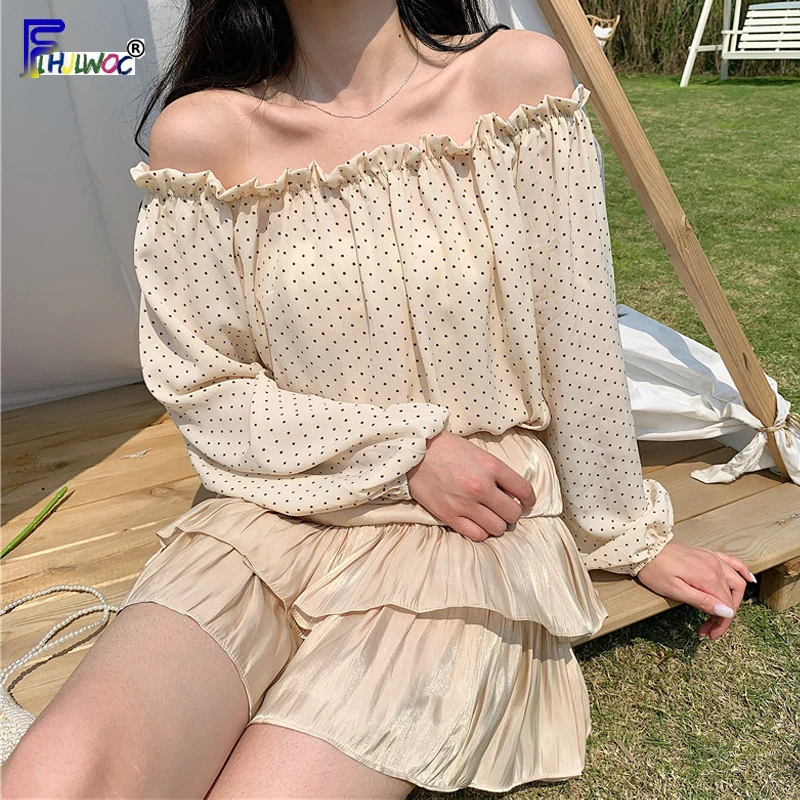 

Sexy Off The Shoulder Tops Long Sleeve 2019 Women Tops Summer Cute Off Open Shoulder Top Ruffled Casual Dot Blouse Shirt 408A
